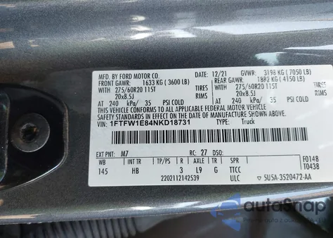 2022 Ford F-150 Lariat from USA, damaged, VIN 1FTFW1E84NKD18731